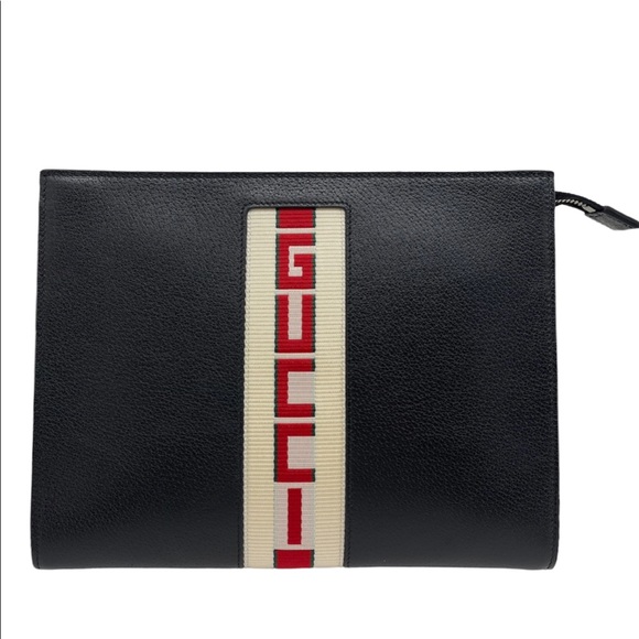 Gucci New Logo Cosmetic Case/ Pouch/ Clutch/ Black Leather Logo Portfolio - Picture 1 of 11